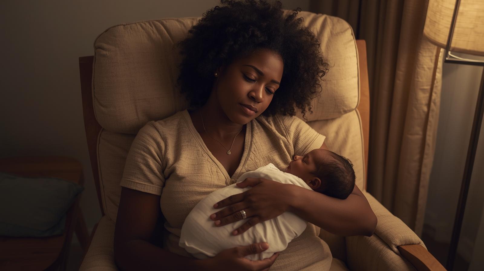 A new mom rocking her sleeping newborn in a softly lit nursery at night, looking calm and exhausted.