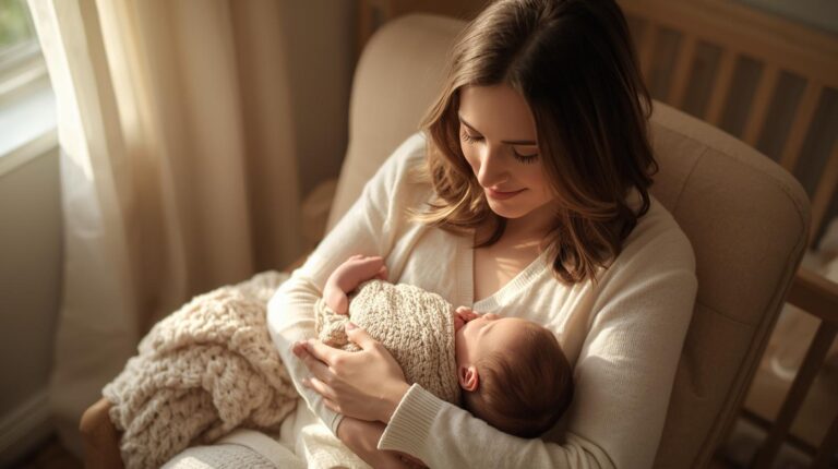 A mother cradling her sleeping newborn in a cozy nursery, looking calm and reassured in warm natural light.