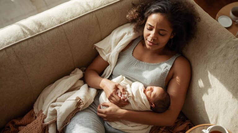 An overwhelmed but loving new mom resting on the couch with her sleeping newborn on her chest in warm morning light.