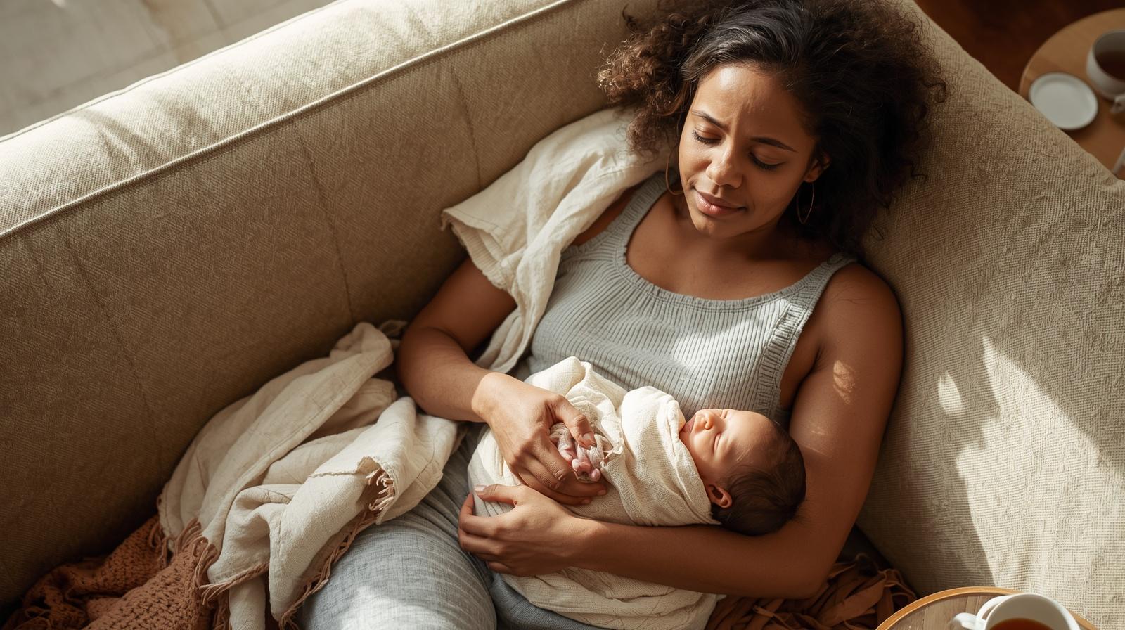 An overwhelmed but loving new mom resting on the couch with her sleeping newborn on her chest in warm morning light.
