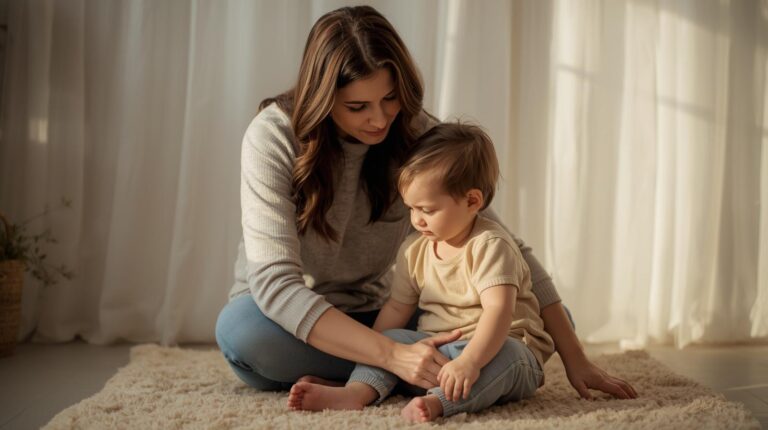 A tired mom practicing positive parenting by sitting calmly with her child after a hard moment.