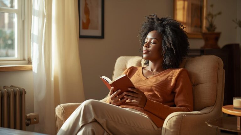 A mom relaxing alone in a quiet sunlit room with a warm drink, enjoying a peaceful moment to herself.