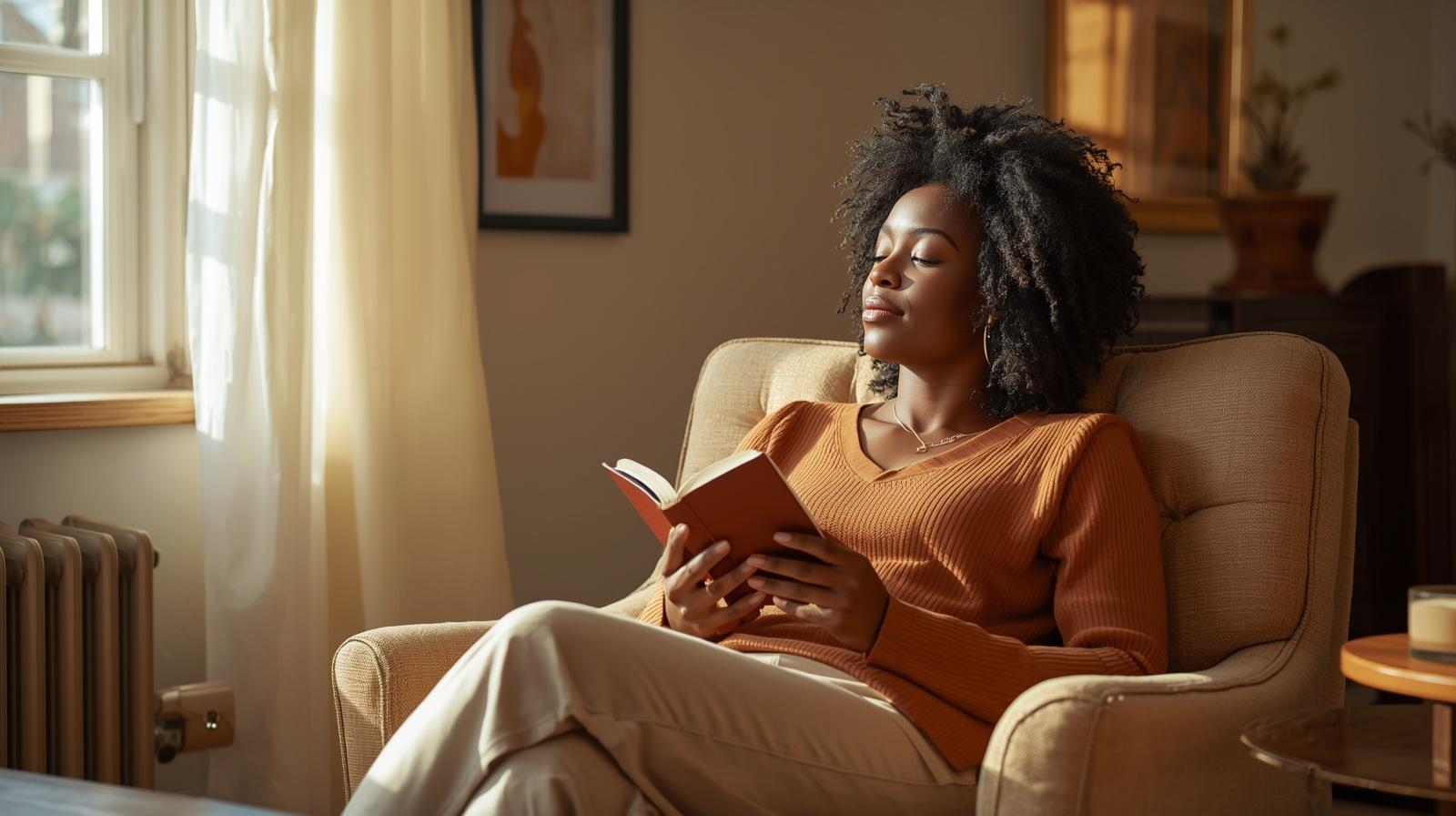 A mom relaxing alone in a quiet sunlit room with a warm drink, enjoying a peaceful moment to herself.