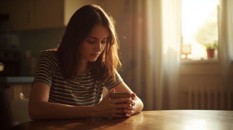 A mom sitting quietly at the kitchen table with a coffee mug, looking thoughtful in soft morning light.