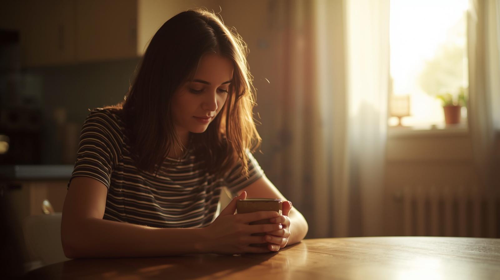 A mom sitting quietly at the kitchen table with a coffee mug, looking thoughtful in soft morning light.