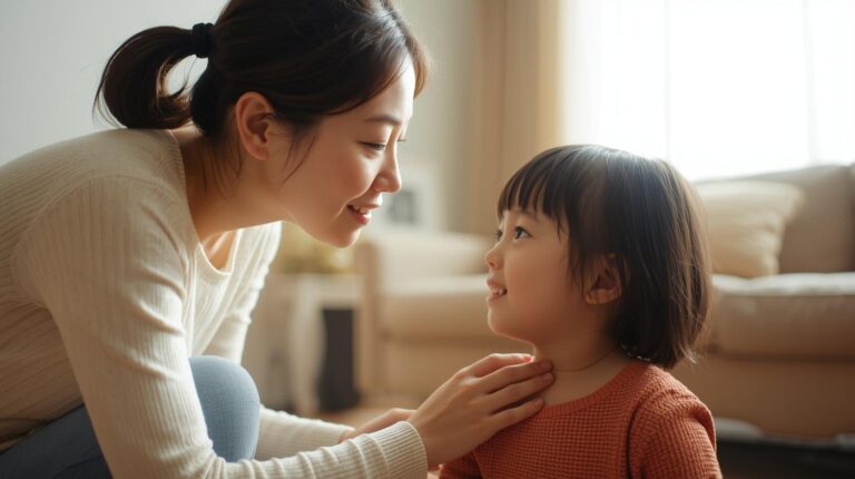 A mom kneeling to eye level with her young child in a warm living room, connecting calmly after a difficult moment.