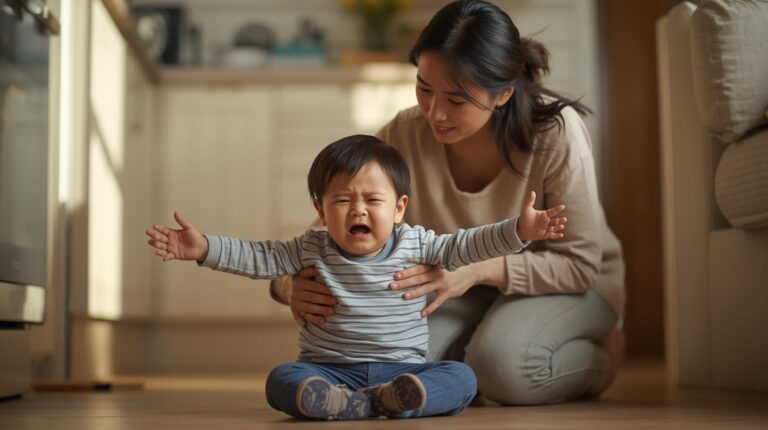 A calm mom kneeling beside her toddler during a meltdown on the living room floor, offering a gentle reassuring touch.